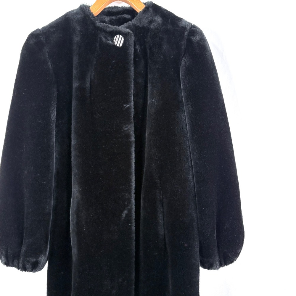 Trix II Lou‎ Nierenberg Faux Fur Coat Black Vintage Collarless USA Sz 6 Mob Wife